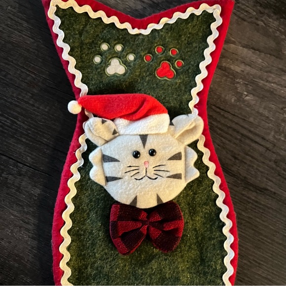 Cat Christmas Stocking Fish Shaped Felt Pet Kitty In Santa Hat & Bowtie 17.5" - Picture 2 of 7